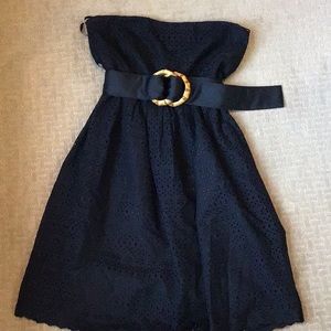 Black Strapless eyelet sundress w/bamboo belt. 100% cotton. Size 10. Length 30”
